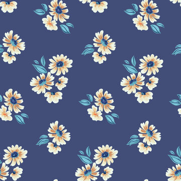 Seamless floral pattern with drawing flowers in folk style. Pretty ditsy print, botanical surface design with large white flowers, leaves in bunches on a blue background. Vector. © Yulya i Kot