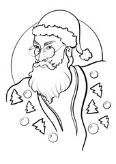 fashion illustration stylish contour sketch of a man with a beard santa claus in a suit and glasses in profile close-up barbershop design element