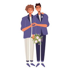 Gay lovers get married. Congratulations to the grooms. Guys in purple suits showing a heart