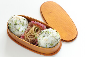 Homemade Japanese rice ball and glass noodles salad for asian food bento packed lunch