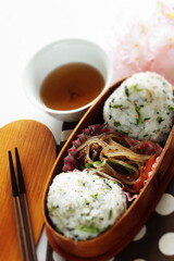 Homemade Japanese rice ball and glass noodles salad for asian food bento packed lunch