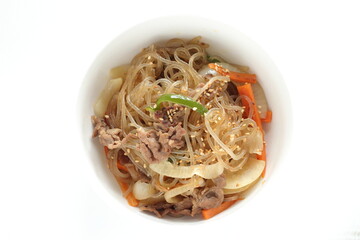 Korean food, vegetable and beef stir fried with glass noodles