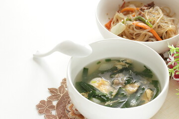 Korean food, leek and egg with seaweed soup for comfort food