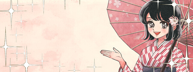 レトロ少女漫画風・和傘を持って矢絣の着物を着た日本人