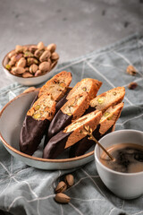 Biscotti or cantuccini with nuts on dark background