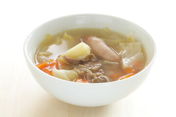 sausage and beef in vegetable soup, for comfort food image
