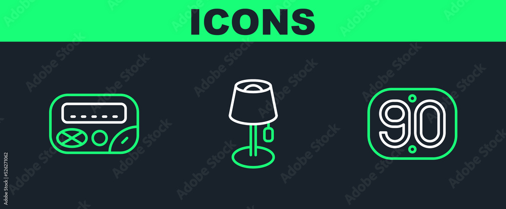Poster set line 90s retro, pager and floor lamp icon. vector