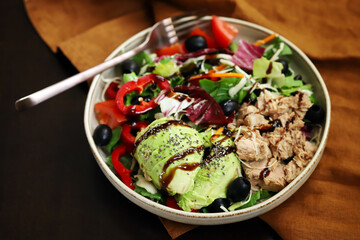 Healthy beautiful salad with tuna and avocado. Diet food. Keto salad.