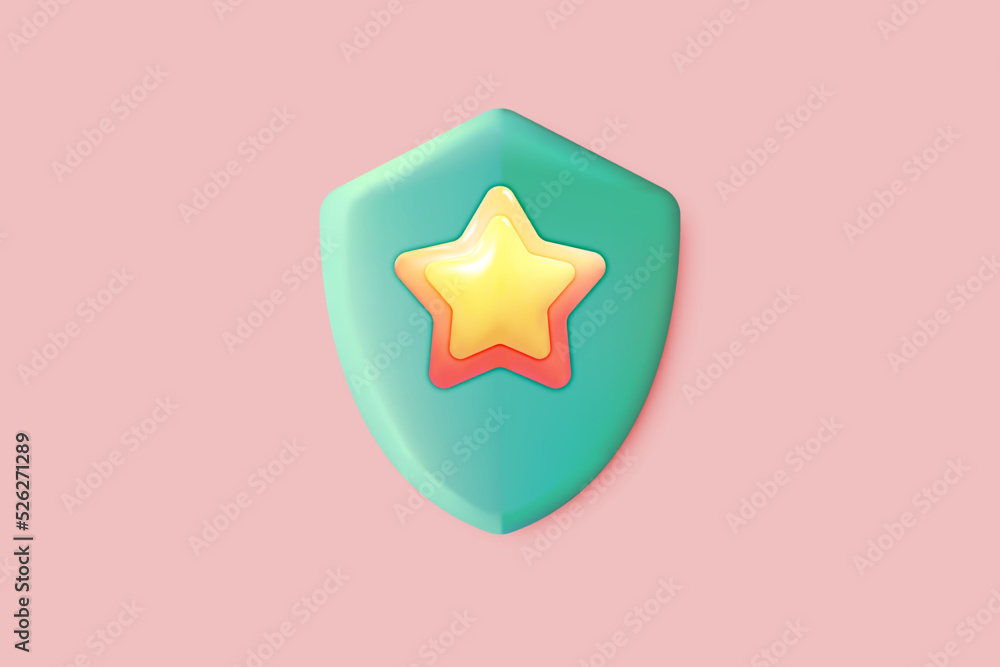 Poster 3d security safe icon. 3d star shield protection icon with check for online payment on pink backgrou