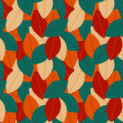 Mid century modern geometric leaves retro 70s seamless pattern. Autumn floral organic background. For textile or book covers, wallpapers, graphic art, printing, invitation, wrapping paper
