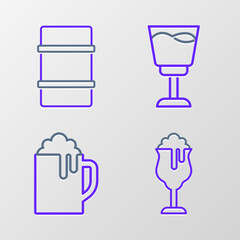 Set line Glass of beer, Wooden mug, Wine glass and Metal keg icon. Vector