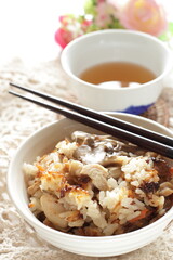 Japanese food, Takikomi Gohan  Japanese rice dish in which short-grain rice is cooked with vegetables, mushrooms and chicken