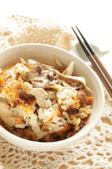 Japanese food, Takikomi Gohan  Japanese rice dish in which short-grain rice is cooked with vegetables, mushrooms and chicken