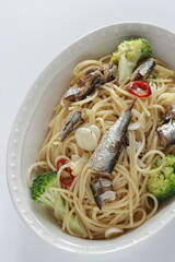 Canned sardines fish and broccoli spaghetti for Italian food