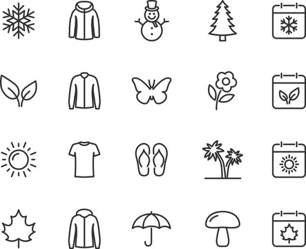 Vector set of seasons line icons. Contains icons winter, spring, summer, autumn. Pixel perfect.