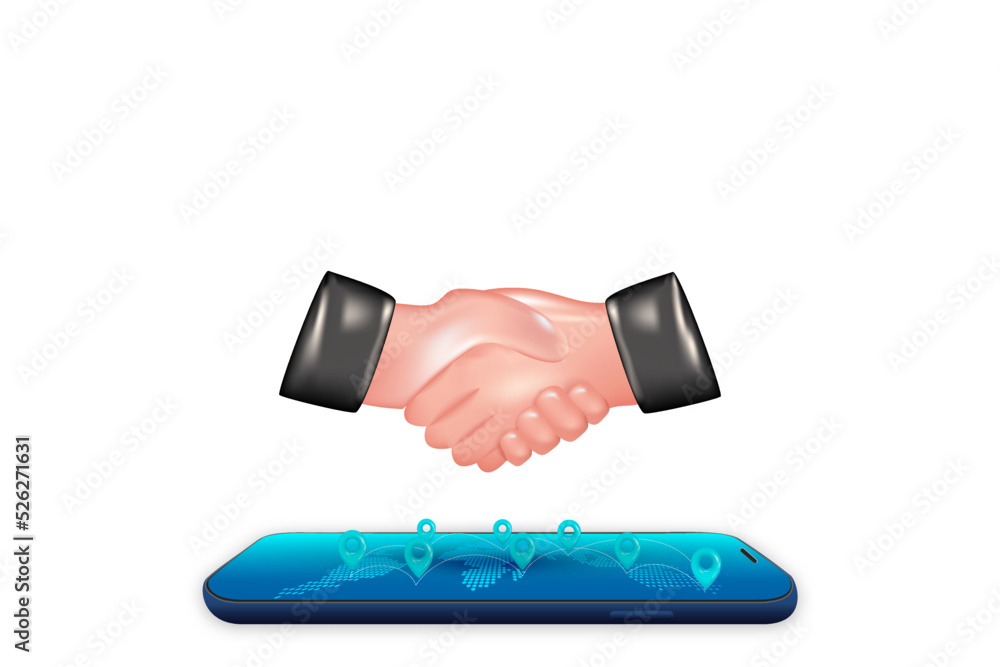 Poster business handshake and locator mark of map and location pin or navigation icon sign on white backgro