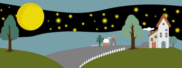 Cute vector illustrations in cartoon style with farm , house , moon and stars. Illustration for the design of banner 