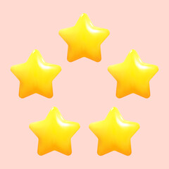 Five yellow stars glossy colors. Achievements for games. Customer rating feedback concept from client about employee of website. 3d design. Vector illustration