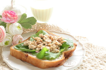 Tuna fish and baby spinach open sandwich with glass of milk