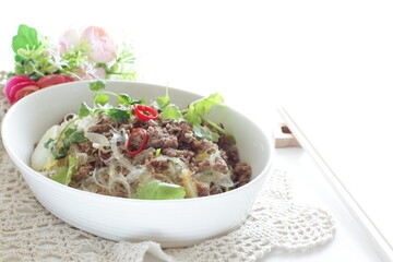 Thai food, glass noodles and spicy minced pork for salad