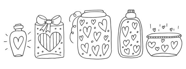 Set of cute hand-drawn doodle elements about love. Message stickers for apps. Icons for Valentines Day, romantic events and wedding. Jars with hearts and love potion.