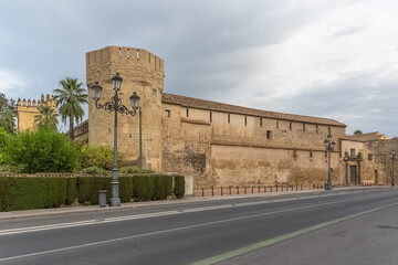 Fototapeta na wymiar Exterior view at the Alcázar of the Christian Monarchs fortress or Alcázar of Córdoba, a medieval alcázar located in the historic centre of Córdoba, Spain