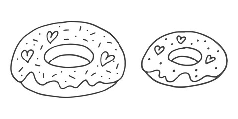 Set of cute hand-drawn doodle elements about love. Message stickers for apps. Icons for Valentines Day, romantic events and wedding. Doughnuts with hearts.