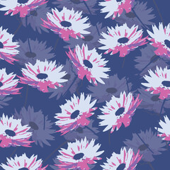 seamless plants pattern on blue background with flowers , greeting card or fabric
