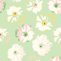 seamless plants pattern on green background with mixed pastel flowers , greeting card or fabric