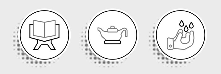 Set line Wudhu, Holy book of Koran and Oil lamp icon. Vector