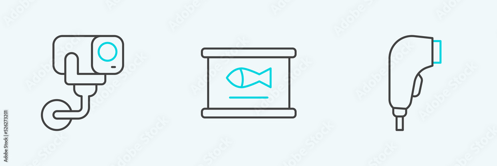Poster set line scanner scanning bar code, security camera and canned fish icon. vector