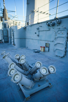 Chaff launcher is seen on the deck of a military ship