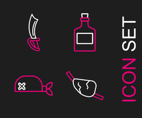 Set line Pirate eye patch, bandana for head, Alcohol drink Rum and sword icon. Vector