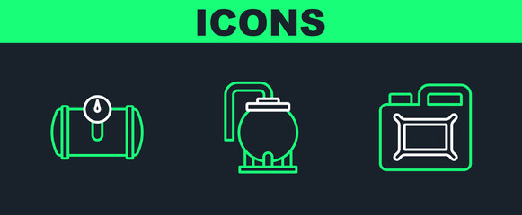 Set line Canister for motor oil, Gas tank vehicle and Oil storage icon. Vector