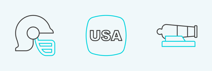 Set line Cannon, American football helmet and USA Independence day icon. Vector