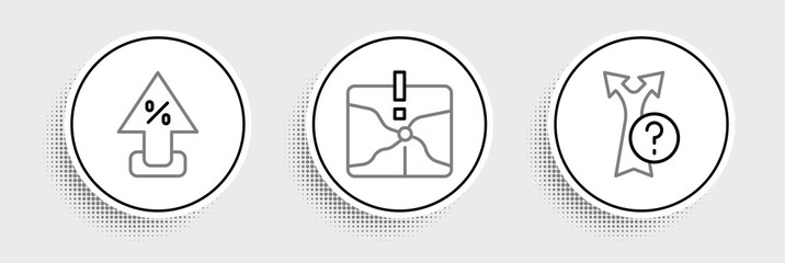 Set line Arrow, Percent up arrow and Intersection point icon. Vector