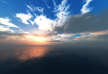 Fototapeta premium Sea sunset, ocean sunrise, sun over water surface, 3d rendering