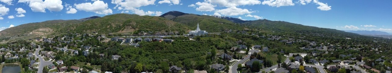 Panoramic view of the Bountiful Utah Temple and Bountiful Hills