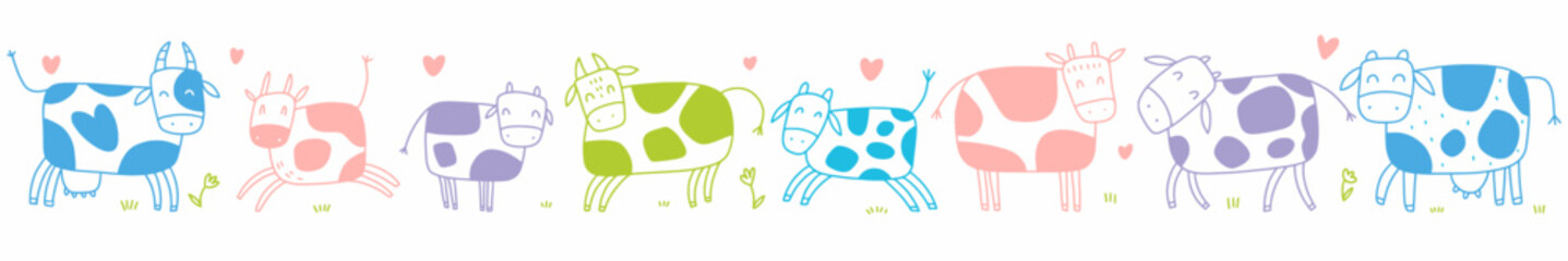 A hand-drawn set of cute cows. Vector illustration of farm animals drawn in the style of doodles.