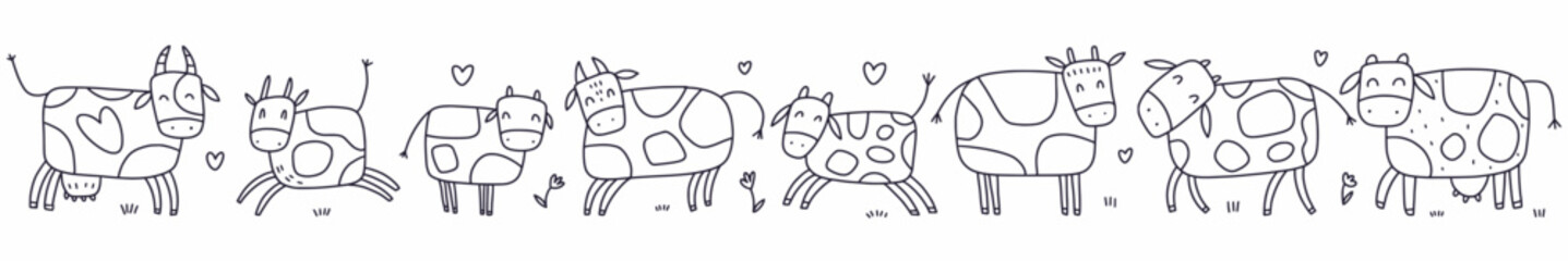 A hand-drawn set of cute cows. Vector illustration of farm animals drawn in the style of doodles.
