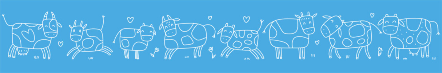 A hand-drawn set of cute cows. Vector illustration of farm animals drawn in the style of doodles.