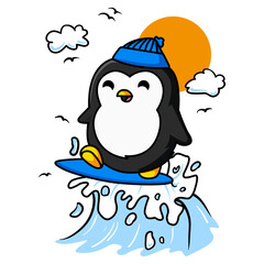 vector graphic illustration of penguin surfing, this illustration is good for use for children's clothes, book covers and others