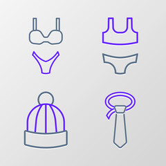 Set line Tie, Winter hat, Swimsuit and icon. Vector