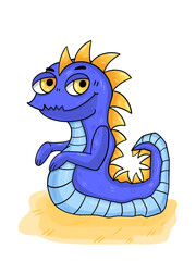 Digital drawing of a cartoon character. Blue alien lizard. Illustration for stickers, prints, decoration and design.