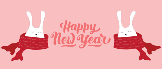 Happy New Year! Cute Christmas bunnies with a warm scarf. Beautiful Christmas background with bunnies.
