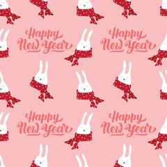Happy new year! Cute Christmas bunnies with a warm scarf. Beautiful Christmas seamless pattern with bunnies.