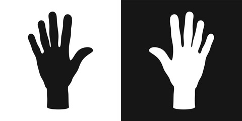 Obraz premium Female open palm with five fingers vector illustration. Silhouette hand palm, counting on fingers five, cartoon raised hand