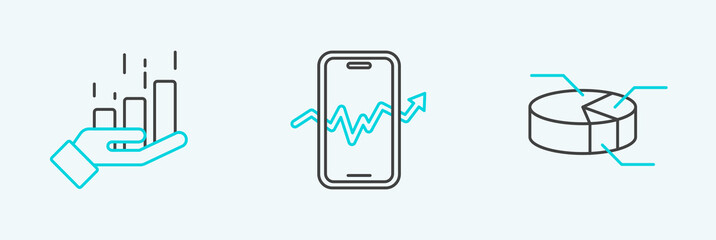 Set line Pie chart infographic, Financial growth and Mobile stock trading icon. Vector