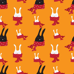 Happy new year! Cute Christmas bunnies with a warm scarf. Beautiful Christmas seamless pattern with bunnies.