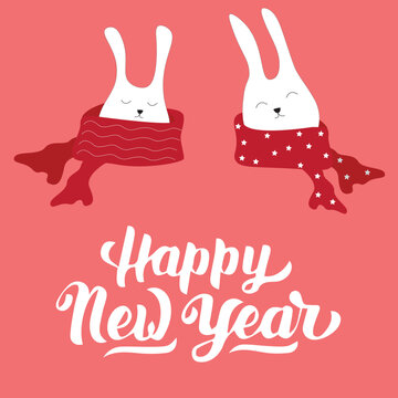 Happy New Year! Cute Christmas bunnies with a warm scarf. Beautiful Christmas background with bunnies.
